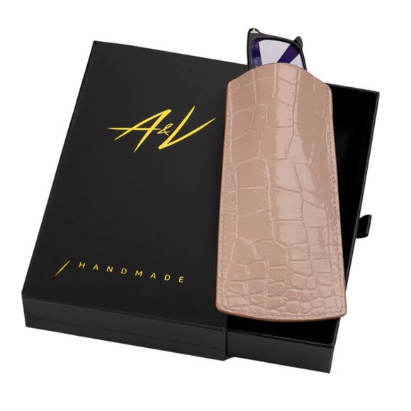 Authentic Calfskin Alligator‑Texture Glasses Pouch Latte Color - Picture 2 of 3